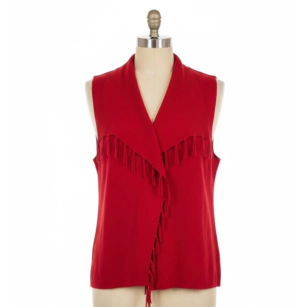 Chicos Red Knit Fringe Vest Sleeveless Cardigan Sweater Size 2 Large